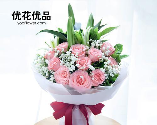 十一朵粉玫瑰百合花束图片高清