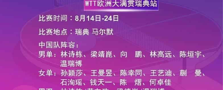 欧洲大满贯，8月14日开战，国乒16人出征，王楚钦无缘，赛程安排